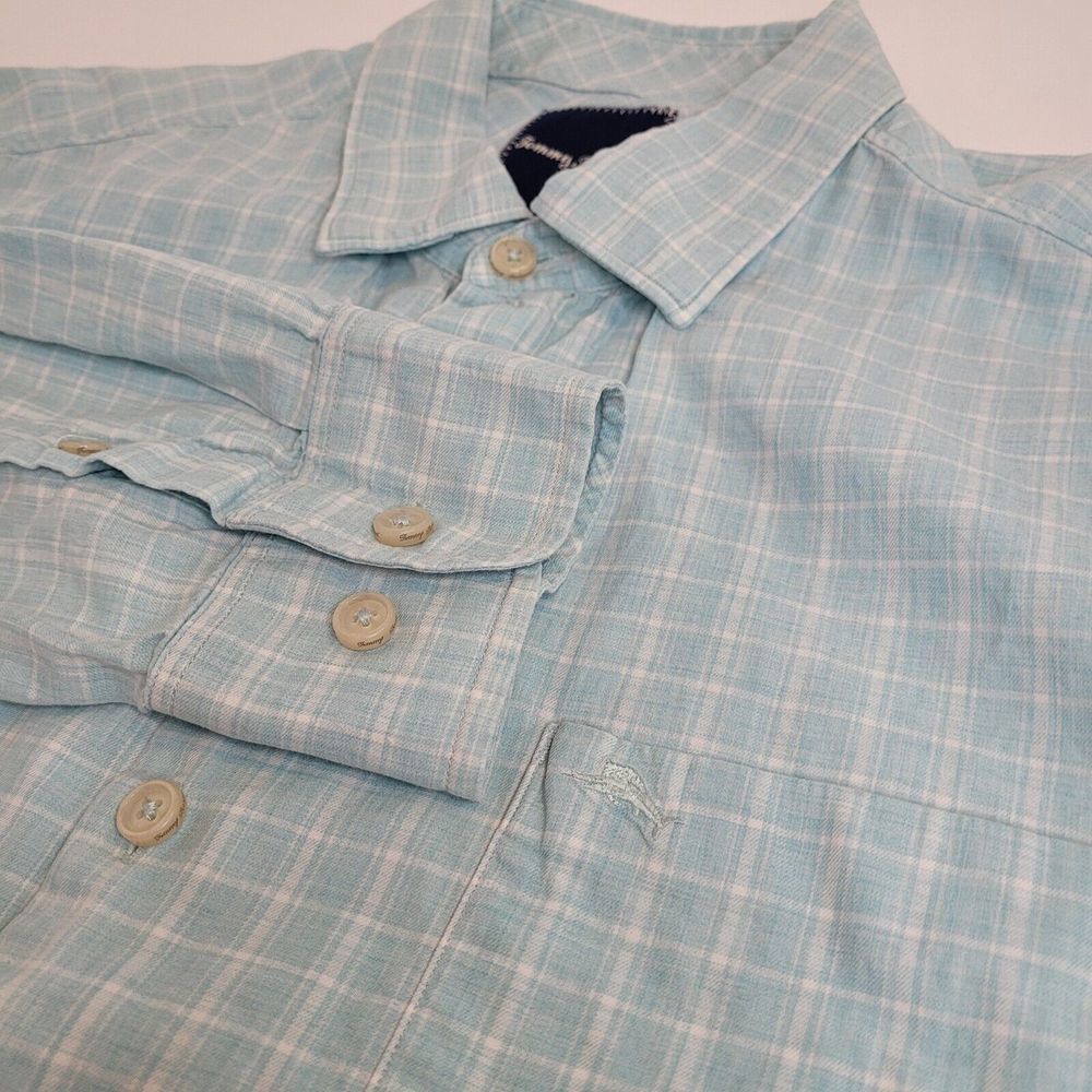 Tommy Bahama Button Down Shirt Mens Large Blue White Plaid Cotton Long Sleeve EX